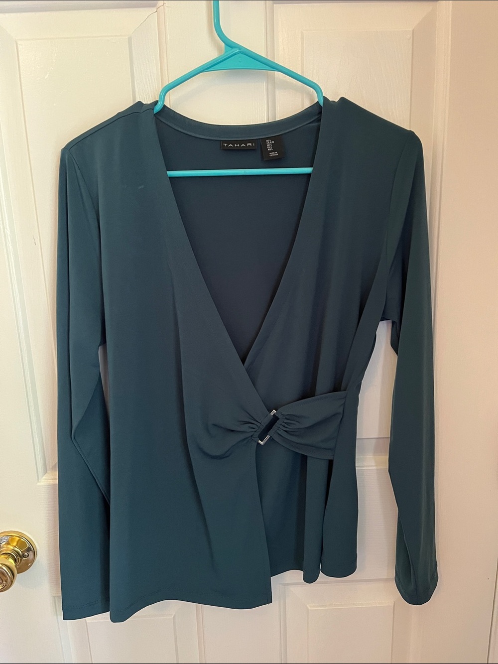 Tahari Teal Wrap Top with Front Knot